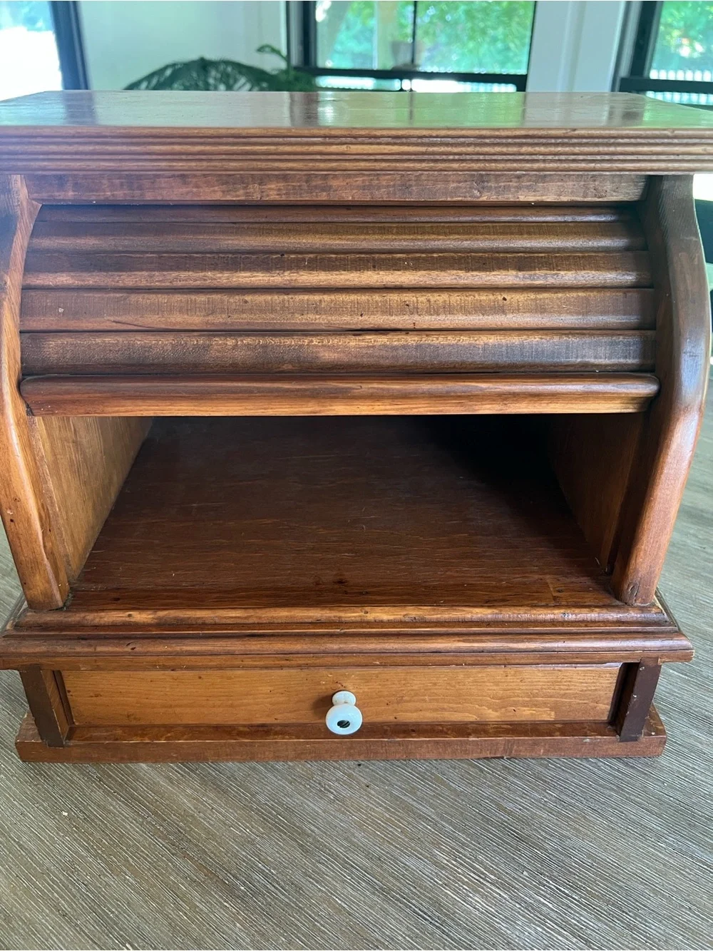 Vintage Roll Top Wooden Bread Box & drawer.  Shelf on top also. Farmhouse
